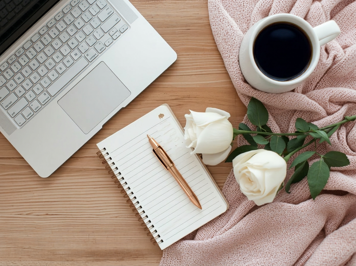 Cozy luxury workspace with laptop, notebook, coffee, and white roses on blush pink blanket